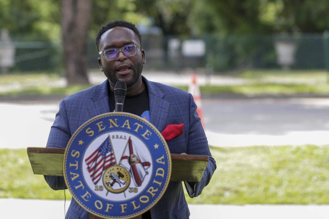State Sen. Shevrin Jones, District 35, speaks during a ceremony before the unveiling of the sign renaming a portion of South Florida’s Dixie Highway after Harriet Tubman on Saturday, Sept. 18, 2021.