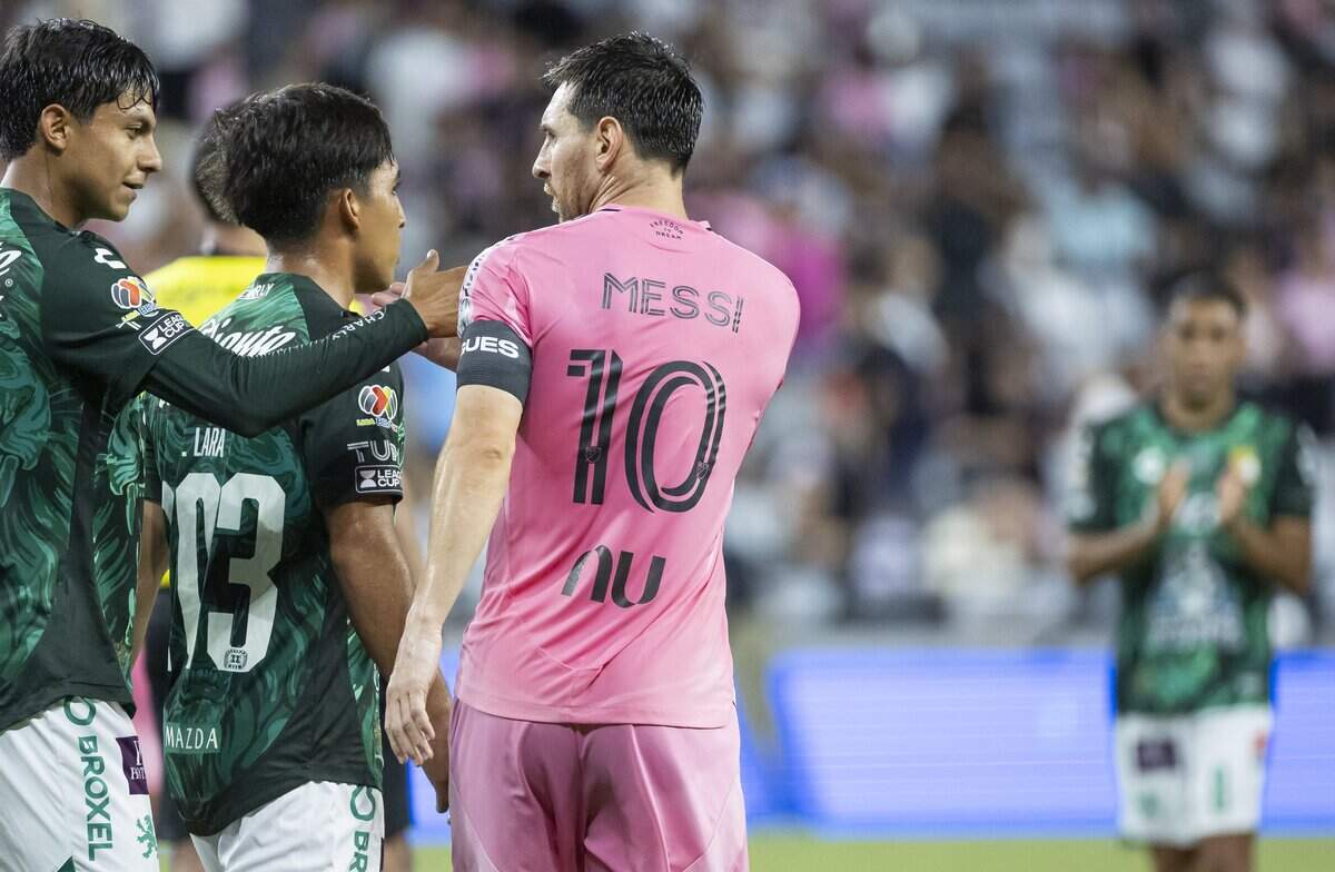 Inter Miami forward Lionel Messi (10) shakes hands with León players after losing his Leagues Cup 2026 soccer match at Nu Stadium on Wednesday, Aug. 12, 2026, in Miami, Fla.