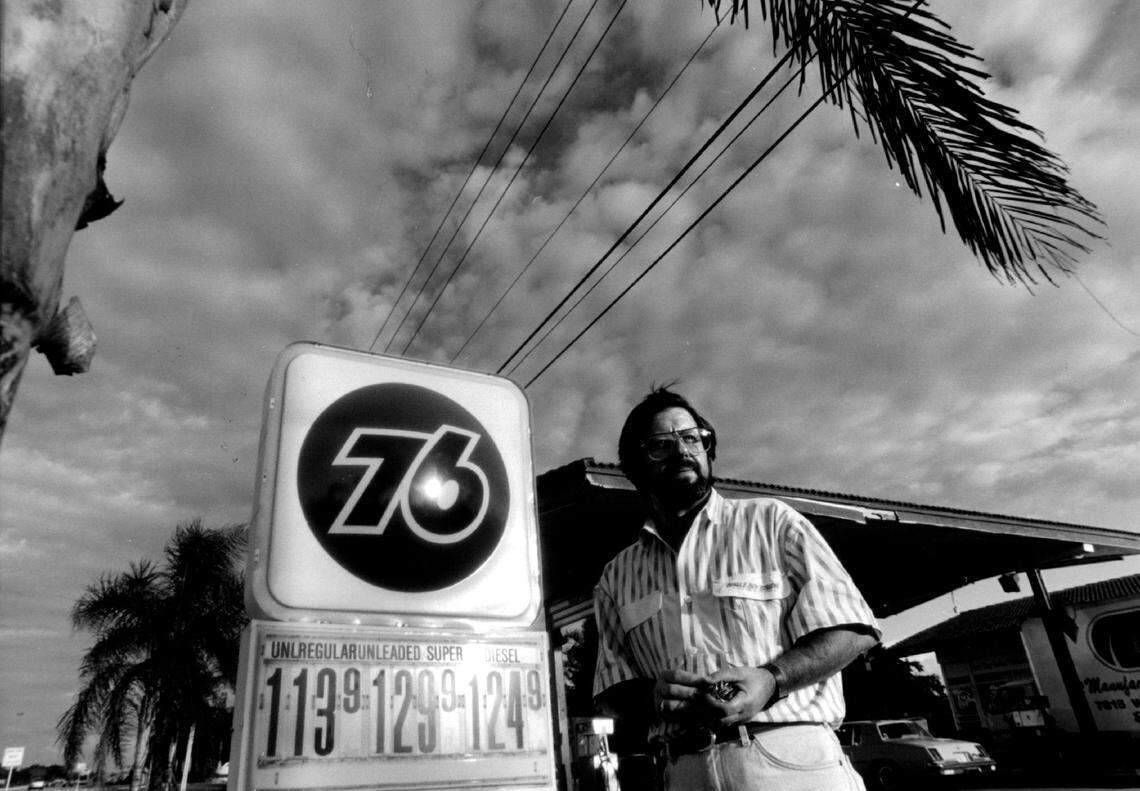 Angel Santibanez, owner and manager at this Fina service station and mini-mart just west of I-75 on Pines Boulevard Pembroke Pines. In 1993, he stocked a wide array of products ranging from general food items to oil filters and Cuban coffee.