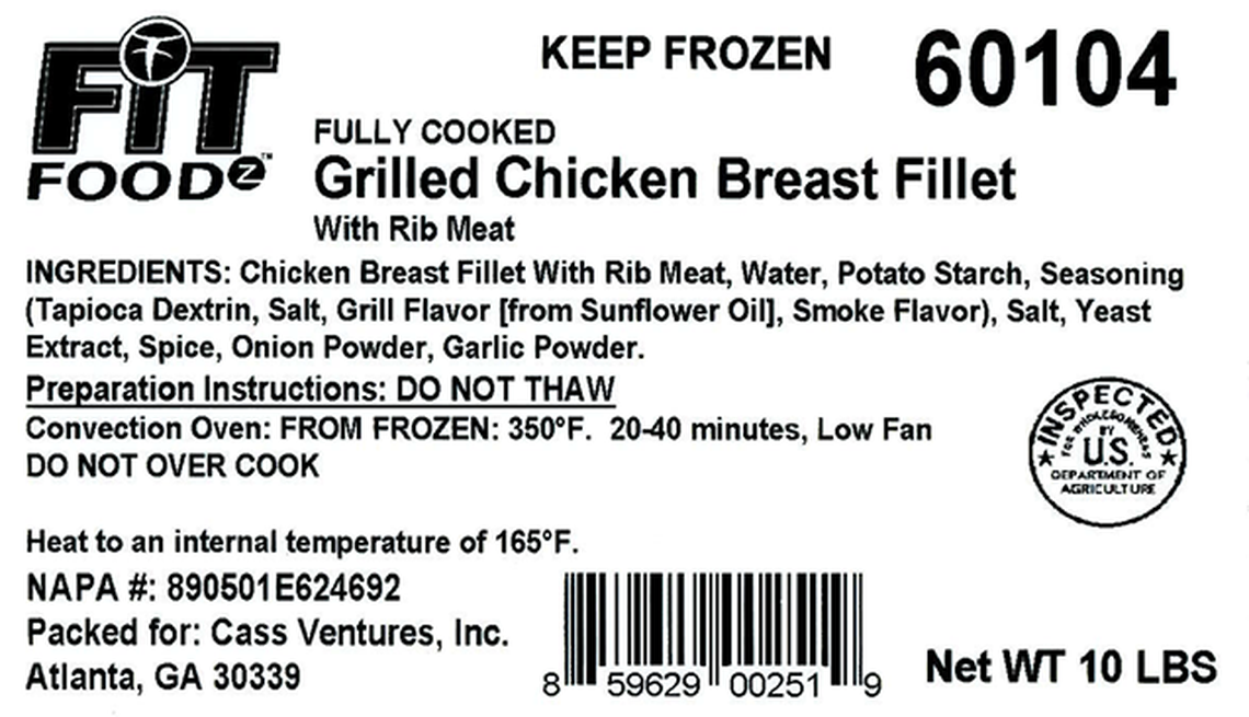 The label on the side of cases of recalled chicken breast.
