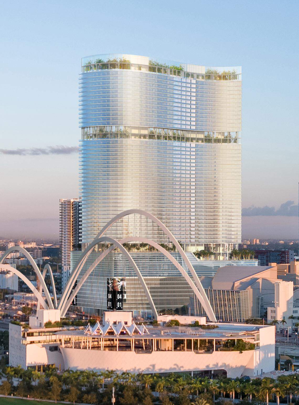 A rendering displays a proposed 43-story tower, designed by star architect Rafael Vinoly, that would include new offices and an auditorium for the Miami-Dade County School Board and administration, as well as shared parking for schools officials and the adjacent Adrienne Arsht Center. In the foreground is the nearby Frost Museum of Science, the signature I-395 bridge that’s now under construction, and the Arsht’s ballet and opera house.