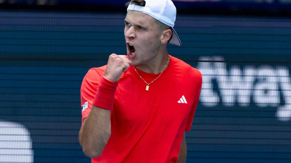 Jakub Mensik of Czech Republic reacts to defeating Arthur Fils of France in two sets during the men’s quarter final match at the Miami Open tennis tournament, held at Hard Rock Stadium on Thursday, March 27, 2025, in Miami Gardens, Florida.