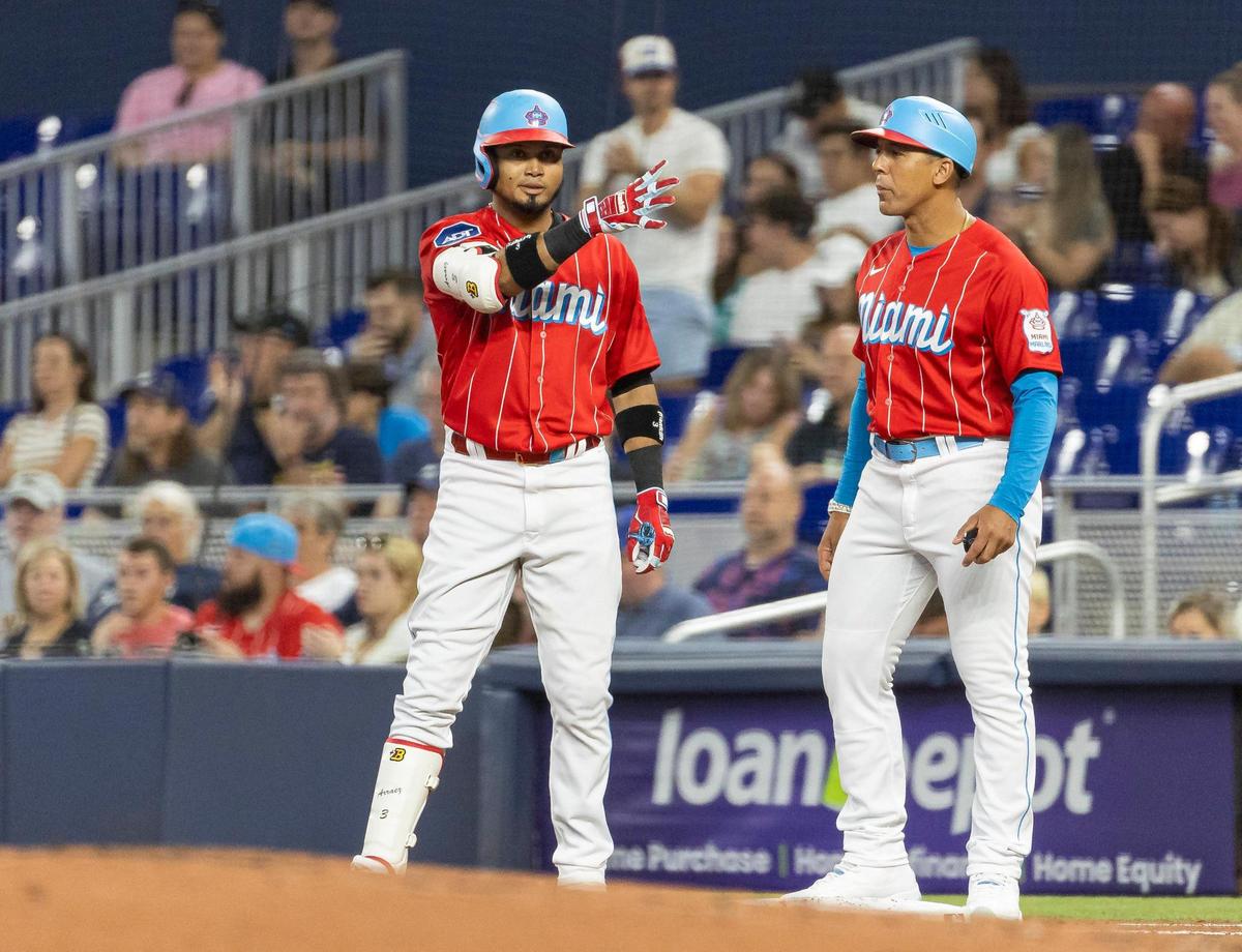 Miami Marlins second baseman Luis Arraez (3) reacts after hitting a single against the Milwaukee Brewers in the first inning of an MLB game at loanDepot park on Saturday, Sept. 23, 2023, in Miami, Fla.