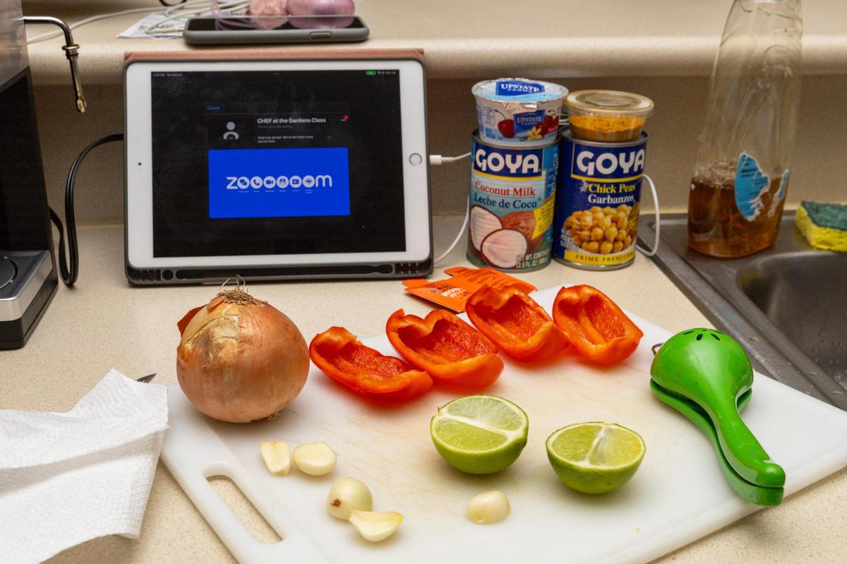 Ingredients sit ready for the start of a zoom class taught in real time by the FIU School of Hospitality kitchens to residents of Verde Gardens, a 145-unit townhome community for formerly homeless residents, in Homestead, Florida, on Tuesday, October 24, 2023.