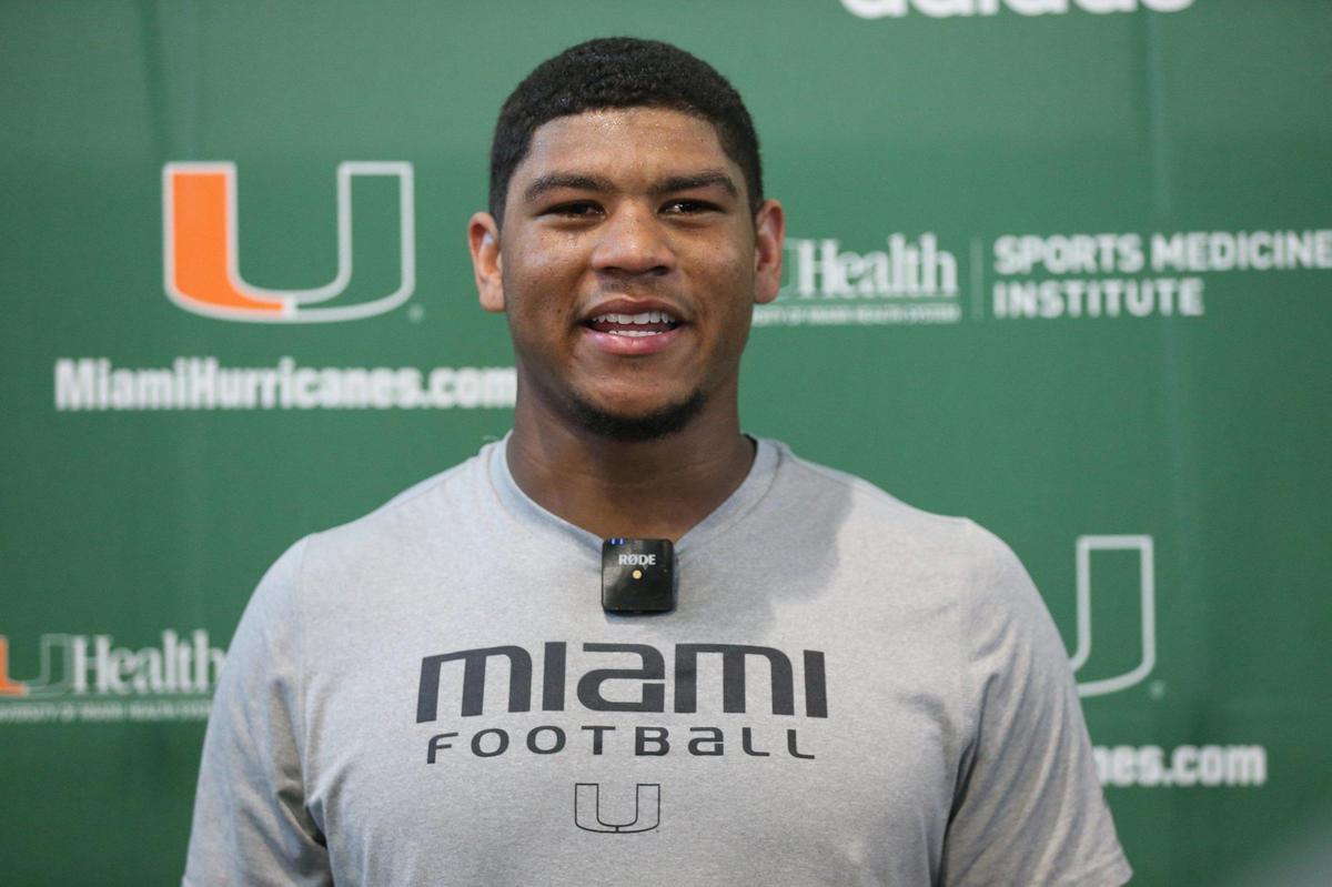 Miami Hurricanes tight end Elijah Arroyo (80) during practice drills at the University of Miami’s Greentree Practice Field in Coral Gables on Wednesday, March 9, 2022.