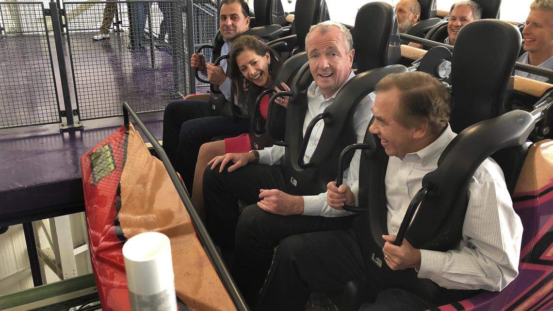 New Jersey Gov. Phil Murphy prepares to ride a roller coaster on Oct. 25, 2019, inside the Nickelodeon amusement park at his state’s version of American Dream, a smaller version in East Rutherford, N.J., of the mega-mall and retail theme park developer Triple Five plans in Northwest Miami-Dade. While the Miami project remains in the planning stages, New Jersey’s American Dream officially opened its doors the day the governor visited. It will showcase 3 million square feet of leasable space dedicated to more than a dozen entertainment attractions like a 16-story indoor ski slope, roller coaster, waterpark and eventually 450 retail, food and specialty shops.