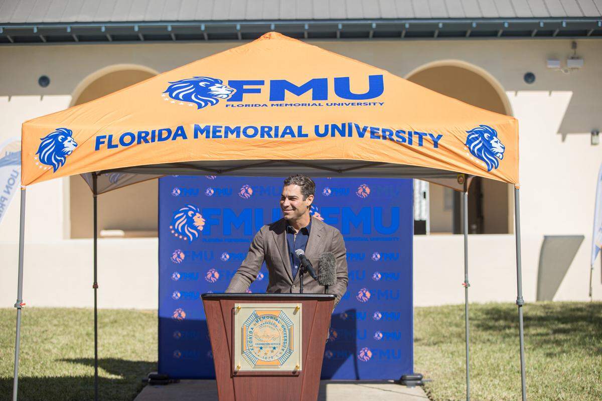 City of Miami Mayor Francis Suarez speaks to event attendants at Florida Memorial University’s Miami Gardens campus on Monday, Jan. 31, 2022.