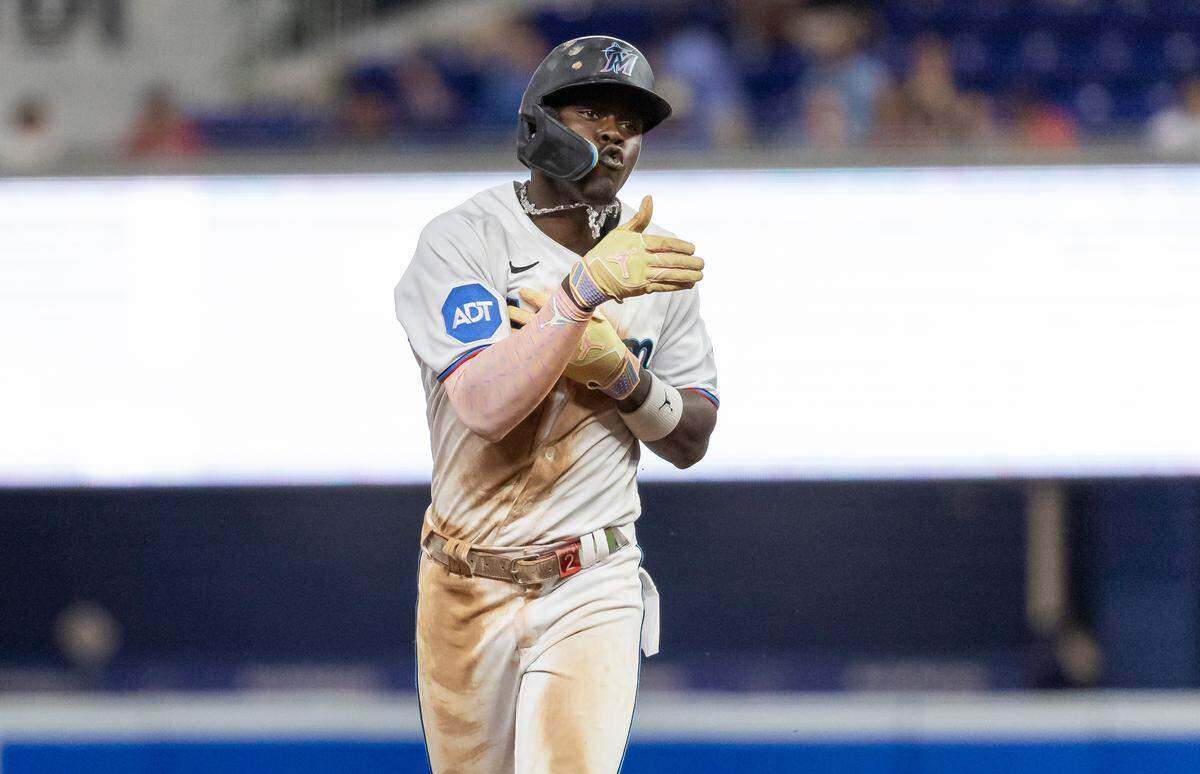 Miami Marlins center fielder Jazz Chisholm Jr. (2) celebrates after hitting a home run against the Los Angeles Dodgers in the eighth inning of an MLB game at loanDepot park on Tuesday, Sept. 5, 2023, in Miami, Fla.