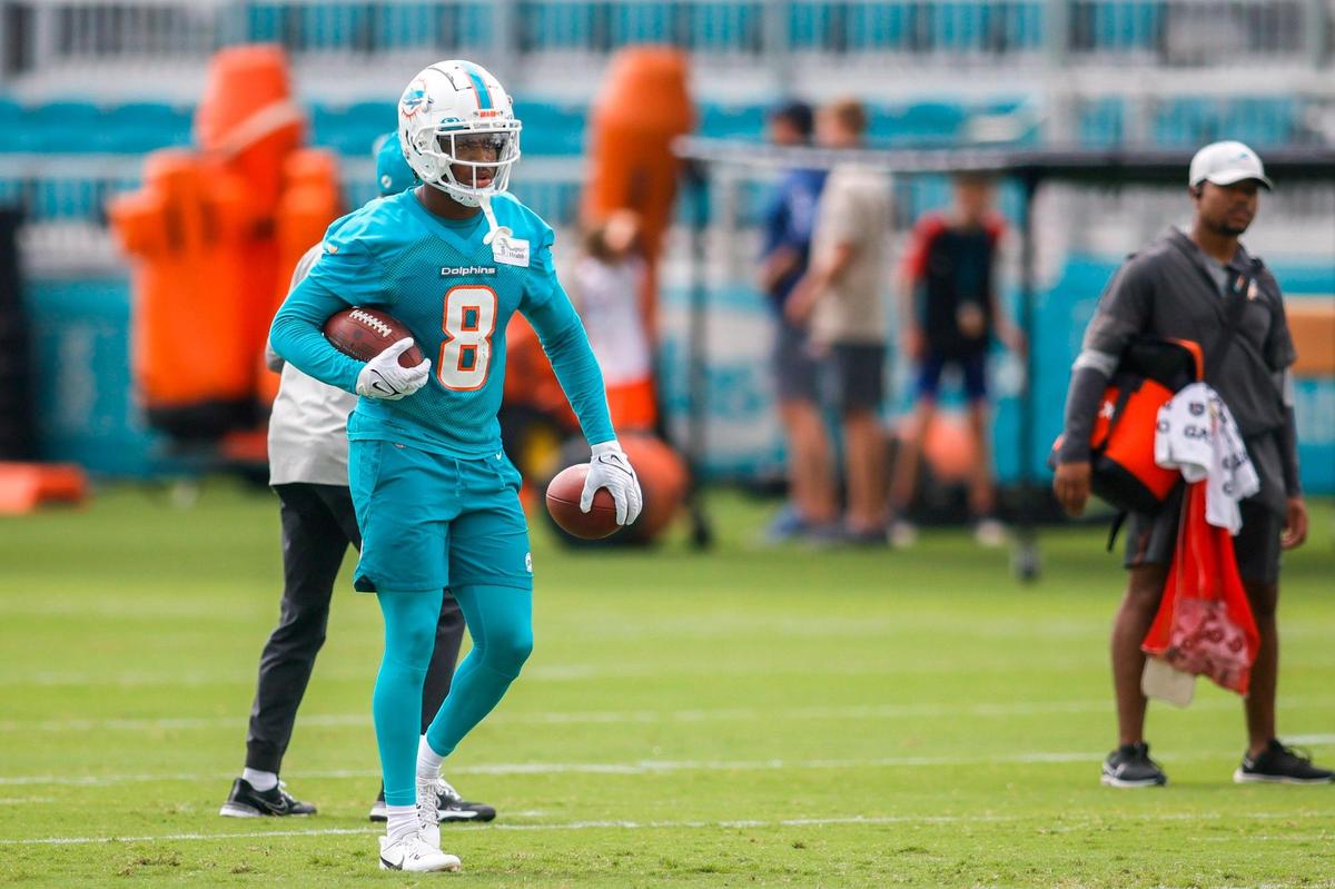 Miami Dolphins safety Jevon Holland (8) looks on during mandatory minicamp at the Baptist Health Training Complex in Miami Gardens, Florida on Wednesday, June 7, 2023.