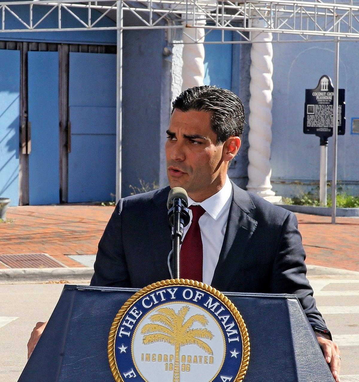Miami Mayor Francis Suarez holds a press conference outside the Coconut Grove Playhouse on May 17, 2019, announcing his veto of the city commission’s approval of a controversial Miami-Dade plan to refurbish the shuttered historic theater.