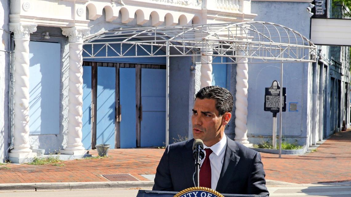 Miami Mayor Francis Suarez holds a press conference outside the Coconut Grove Playhouse in May 17 of 2019 announcing his veto of the city commission’s approval of a controversial Miami-Dade plan to refurbish the shuttered historic theater.