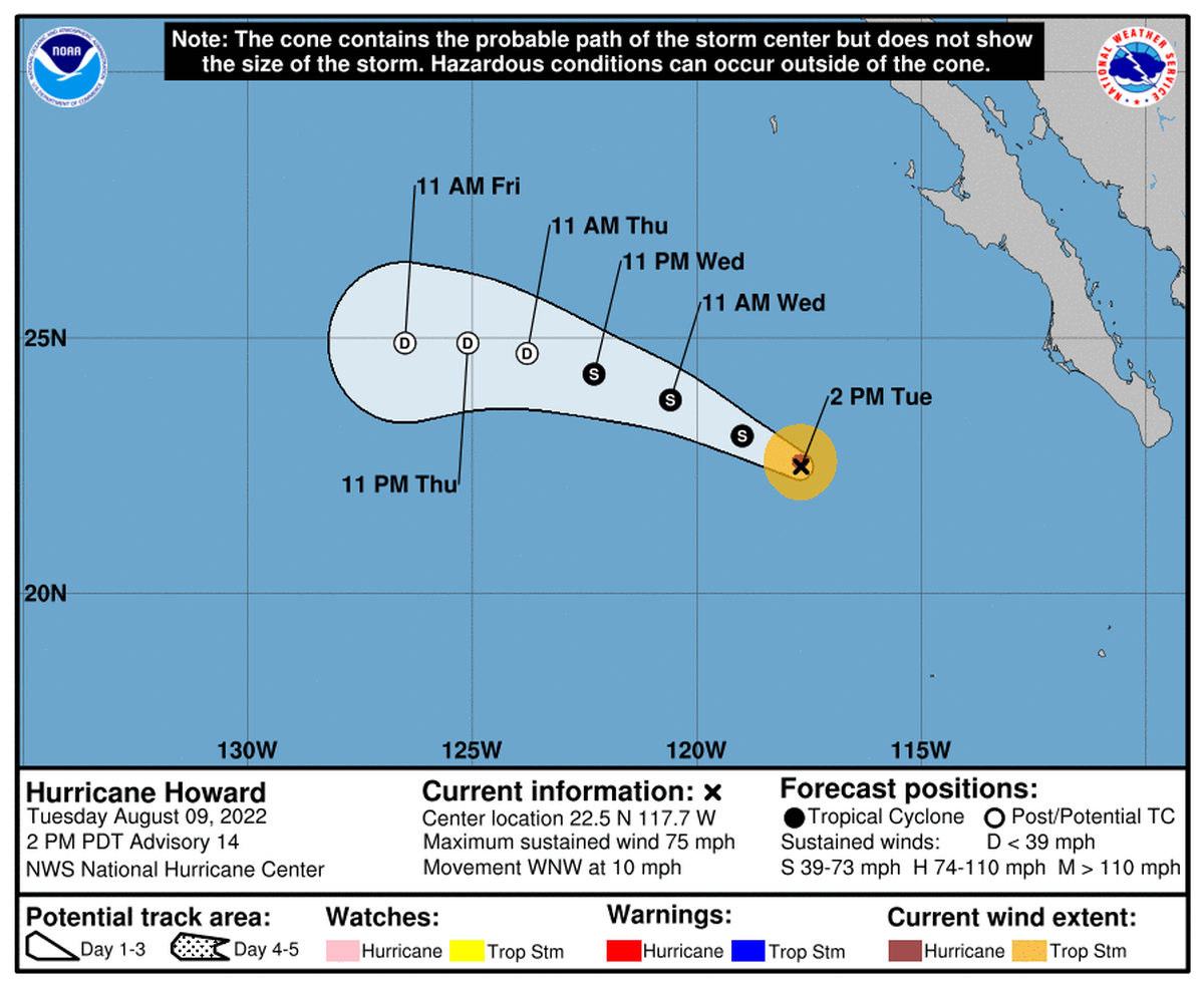 National Hurricane Center’s forecast map on Hurricane Howard in the Pacific on Aug. 9, 2022.