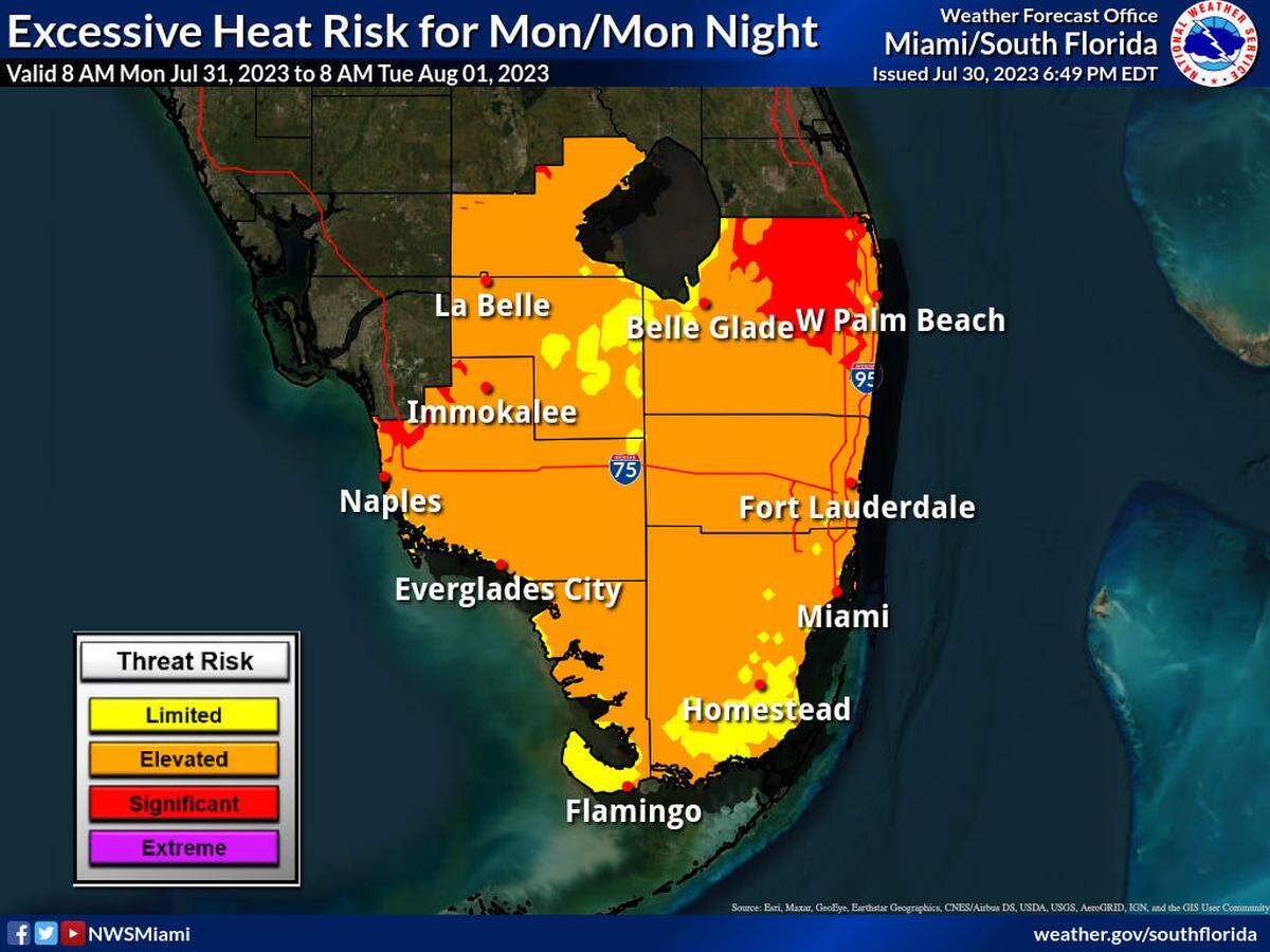 The excessive heat risk is forecast to be elevated through most of South Florida on Monday, July 31, 2023. Heat exhaustion is likely with prolonged exposure.
