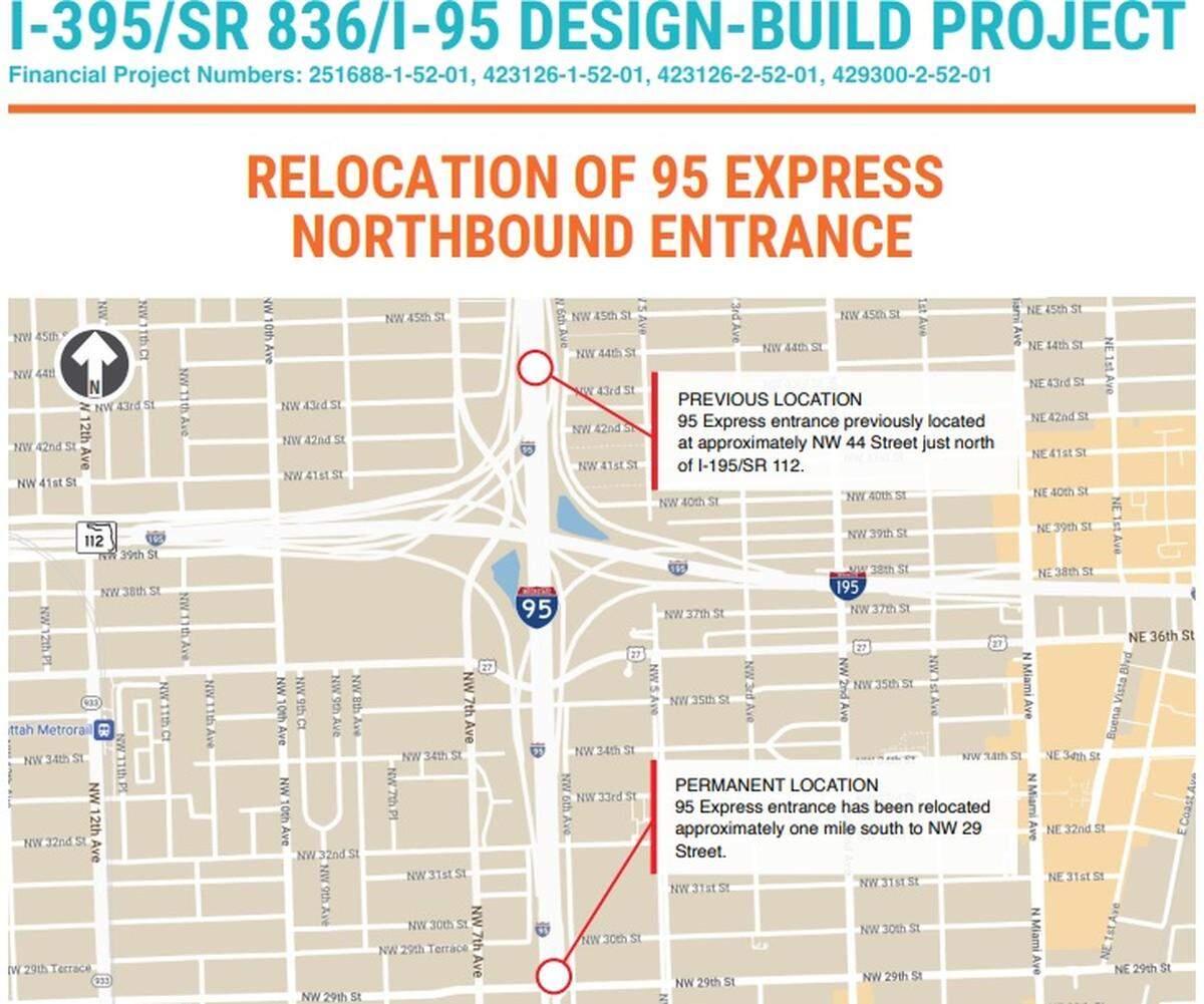 The Interstate 95 Express northbound entrance and southbound exit points are being relocated back to their original and permanent location. This Florida Department of Transportation map details the northbound area.