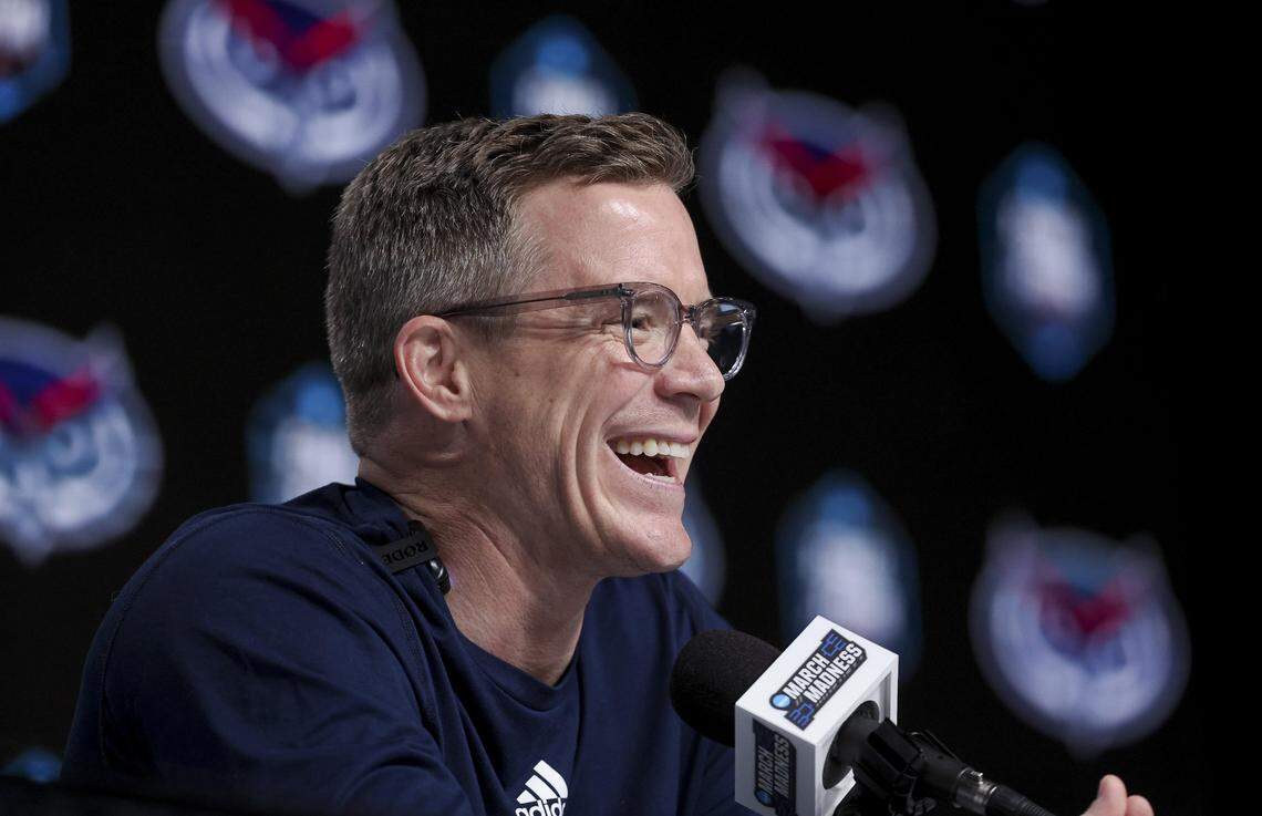 Mar 30, 2023; Houston, TX, USA; Florida Atlantic Owls head coach Dusty May during a press conference at NRG Stadium. Mandatory Credit: Troy Taormina-USA TODAY Sports