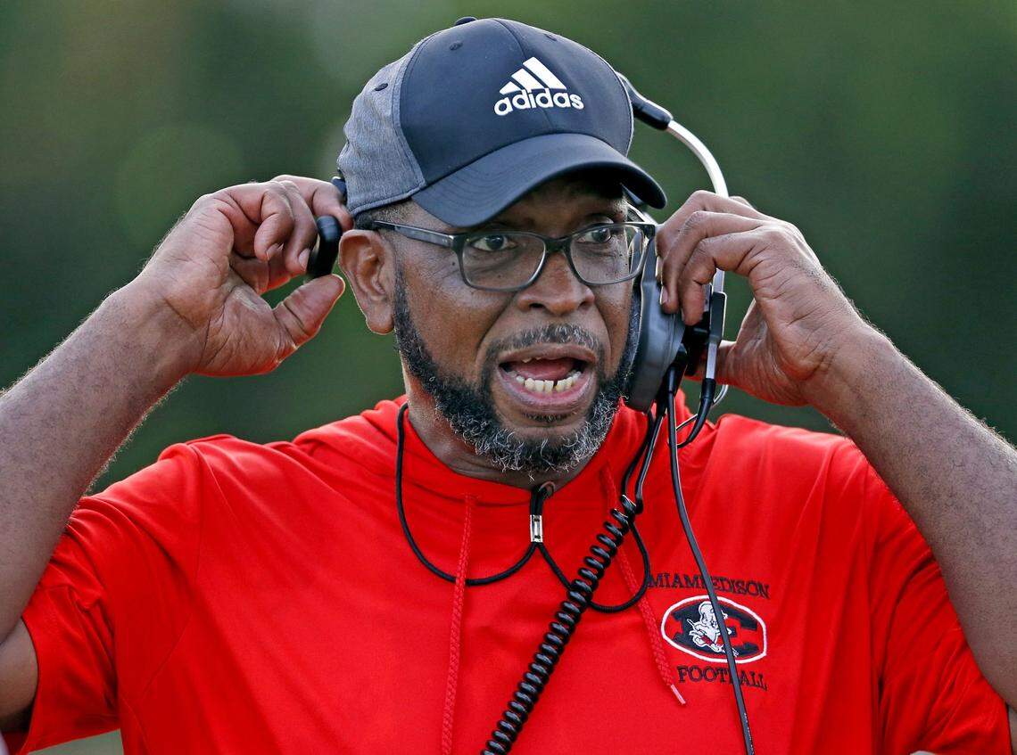 Miami Edison Red Raiders coach Luther Campbell, directs from the sidelines as Westminster Christian hosts Edison High at football at Westminster Christian in Palmetto Bay on Friday, November 8, 2019.