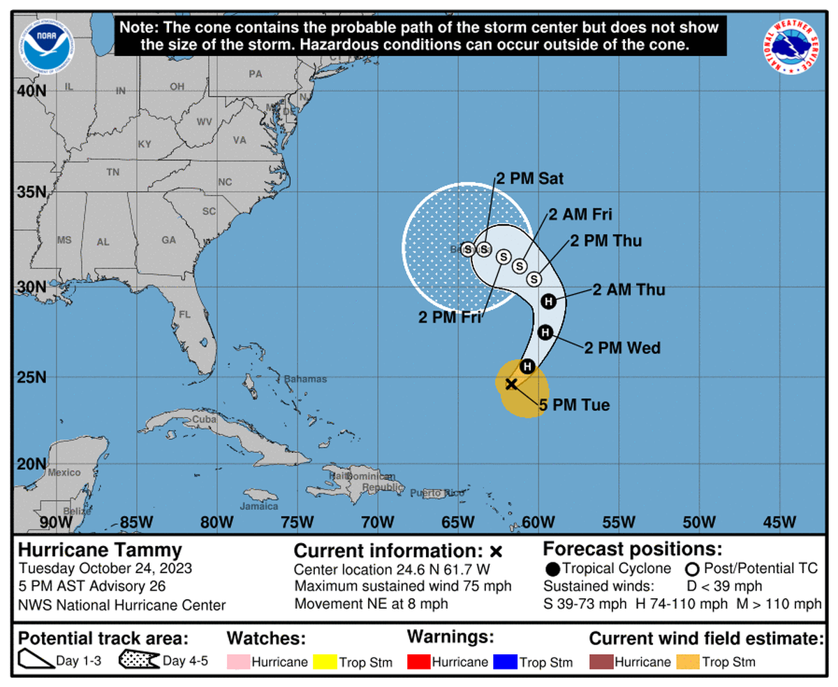 Hurricane Tammy projected path as of 5 p.m. Oct. 24
