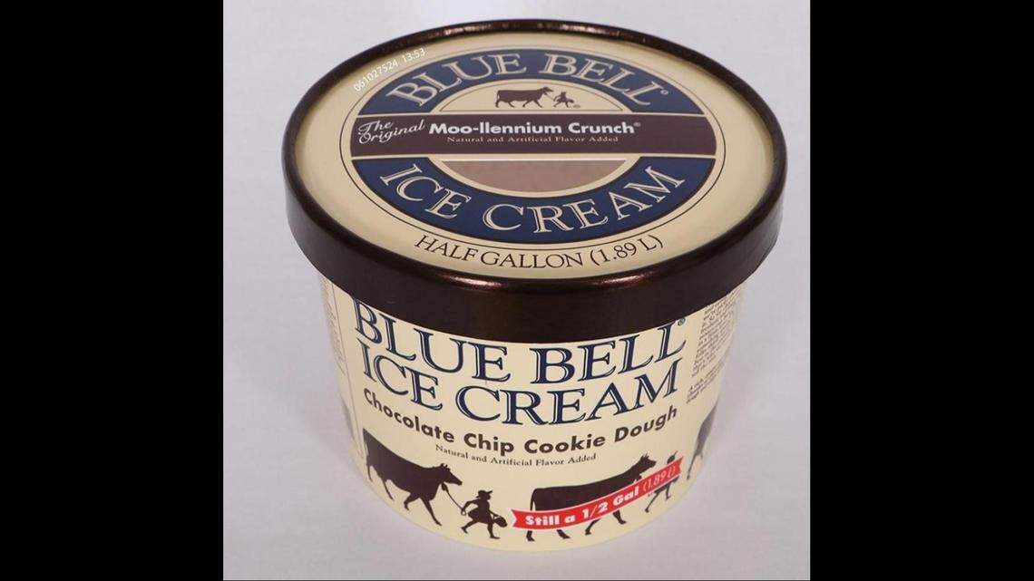Blue Bell Chocolate Chip Cookie Dough with Moo-llennium Crunch lid.