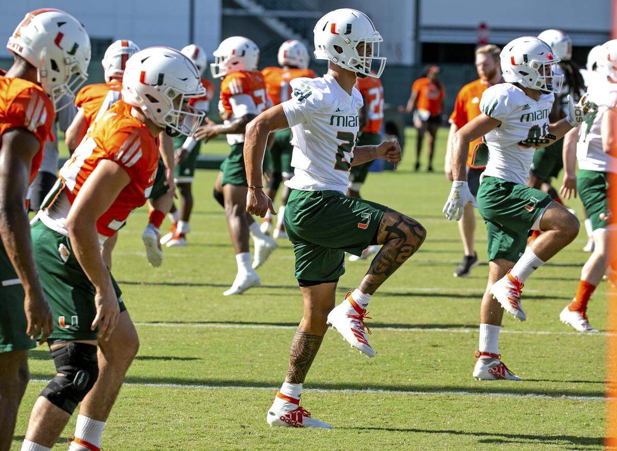 Miami Hurricanes safety Bubba Bolden (21) during morning workout at practice at the University of Miami Greentree Practice Field in Coral Gables on Friday, August 9, 2019.