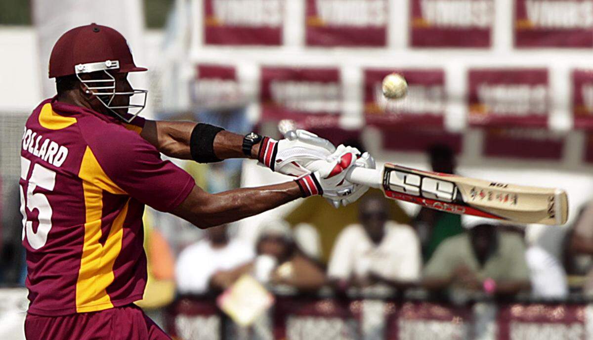 Kieron Pollard bats for West Indies during the team’s match against New Zealand on Saturday June 30, 2012 during the first sanctioned cricket match to take place in the United States. West Indies won the match, at Broward County’s Central Broward Regional Park in Lauderhill.