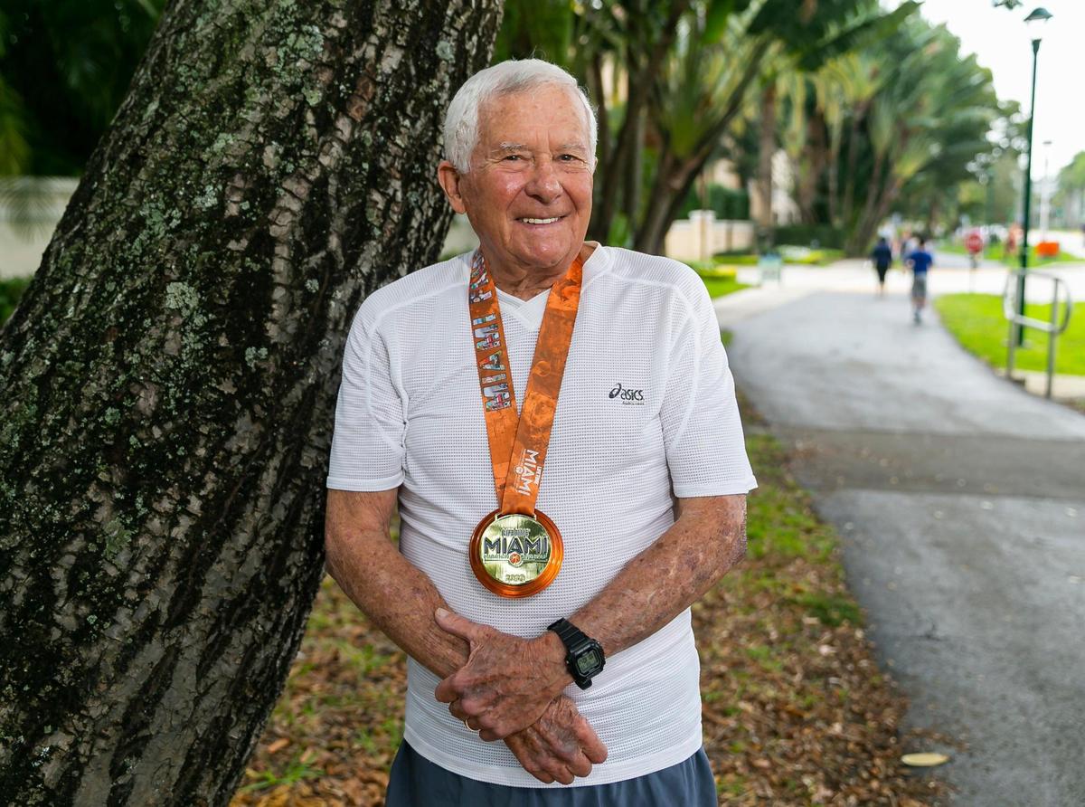 Lewis Ress, 91, is photographed at the Don Soffer Exercise Trail in Aventura, Florida on Saturday, January 22, 2022. Ress, a former trial lawyer who still works and is involved in the South Florida community, will compete in the half marathon portion of the Miami Marathon on February 6, 2022.