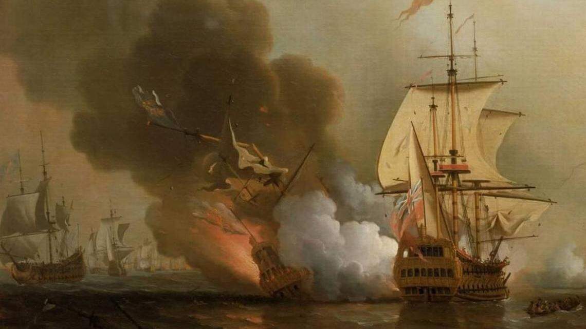British painter Samuel Scott (1702-1772) depicted the moment that the Spanish galleon San José burst into flames and sank with its treasure off the coast of Colombia. The original hangs in the National Maritime Museum in Greenwich, England.