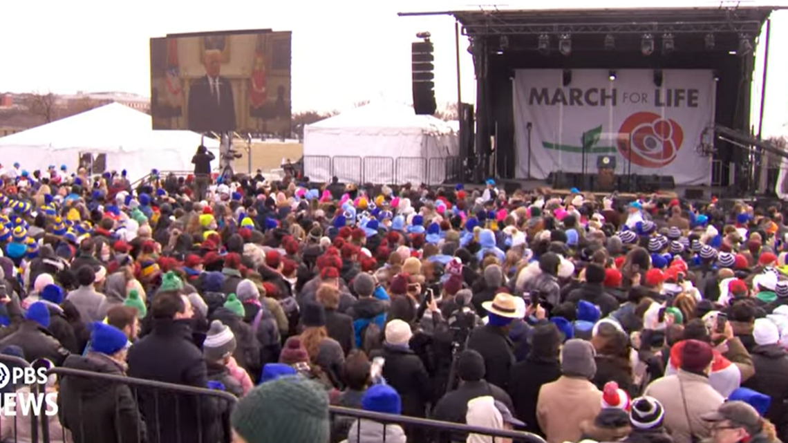 President Donald Trump virtually addresses a crowd at the March for Life rally in Washington D.C. on Jan. 24.