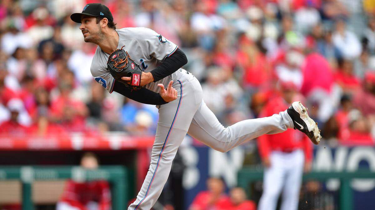 May 28, 2023; Anaheim, California, USA; Miami Marlins relief pitcher JT Chargois (84) throws against the Los Angeles Angels during the ninth inning at Angel Stadium. Mandatory Credit: Gary A. Vasquez-USA TODAY Sports