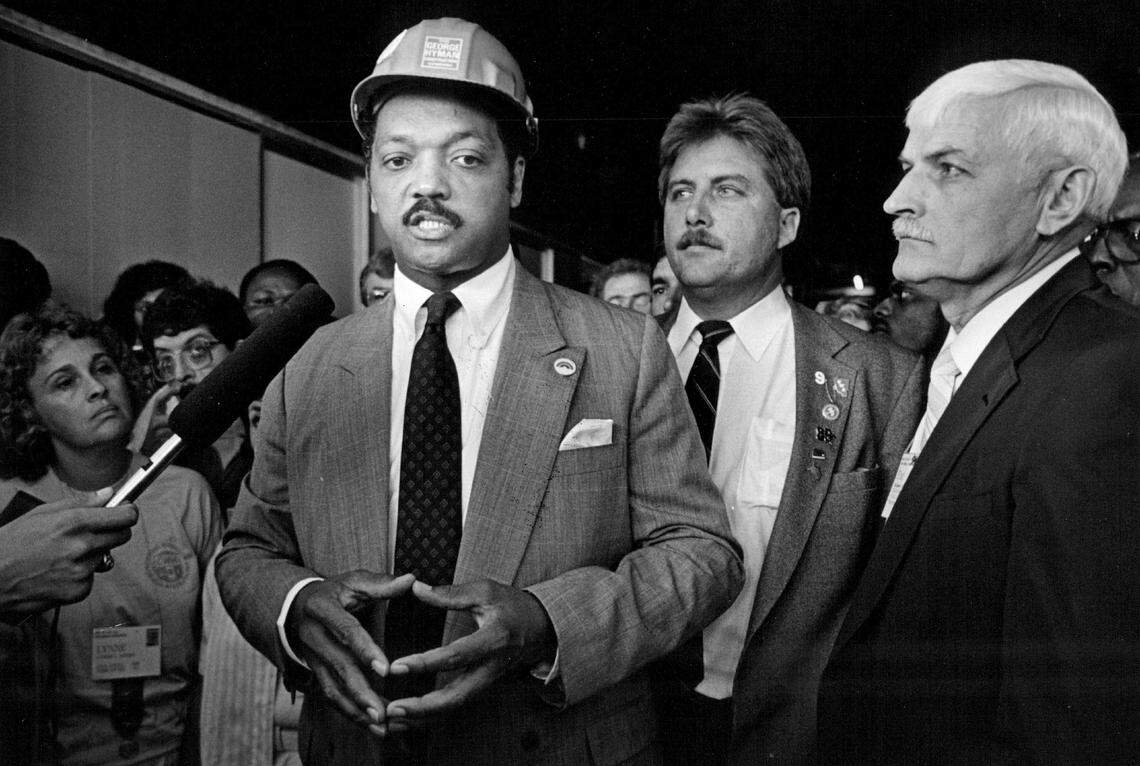 Presidential candidate Jesse Jackson addresses a question from reporters as he meets his team at the Miami Beach Convention Center.