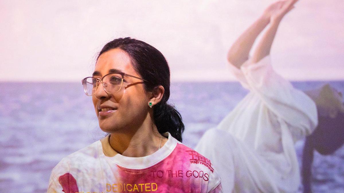 Artist Smita Sen in front of her artwork “This Porous Earth“ at MOCA in North Miami on Friday, Dec. 6, 2024.