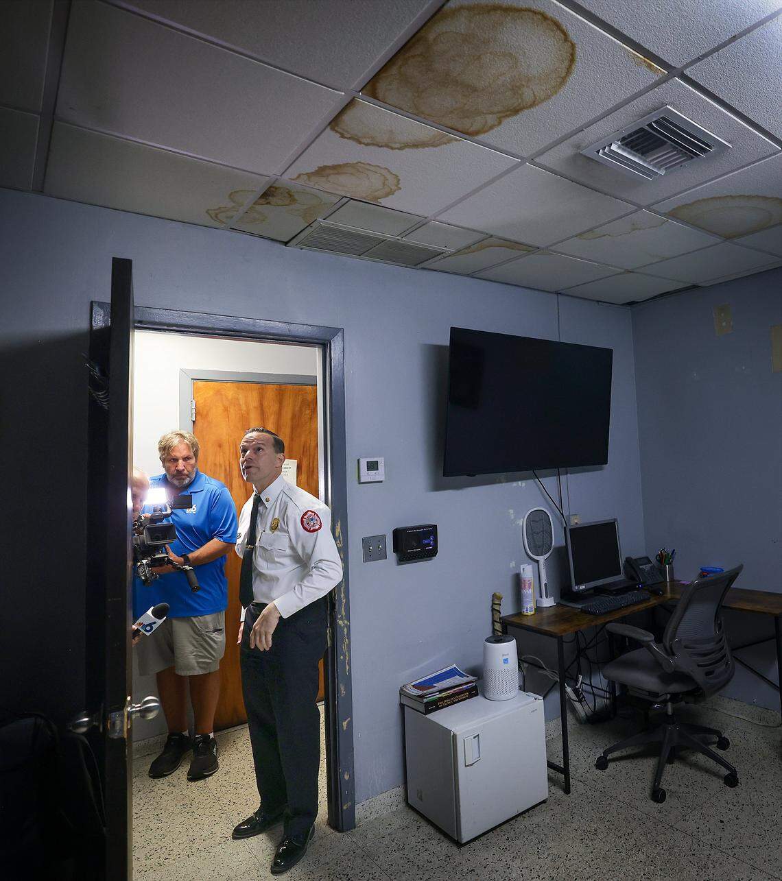 The City of Miami Fire Chief Robert Hevia tours Fire Station 1, built in 1964, where mold, water intrusion, and outdated equipment are hampering effective emergency response and community safety during a press tour with the mayor and other officials. Miami Mayor Eileen Higgins toured the city's police and fire facilities in Miami, Florida on Monday, April 20, 2026. Higgins is proposing a general obligation bond to fund critical repairs and upgrades to aging public safety buildings, citing concerns over deteriorating conditions that threaten effective emergency response and community safety.