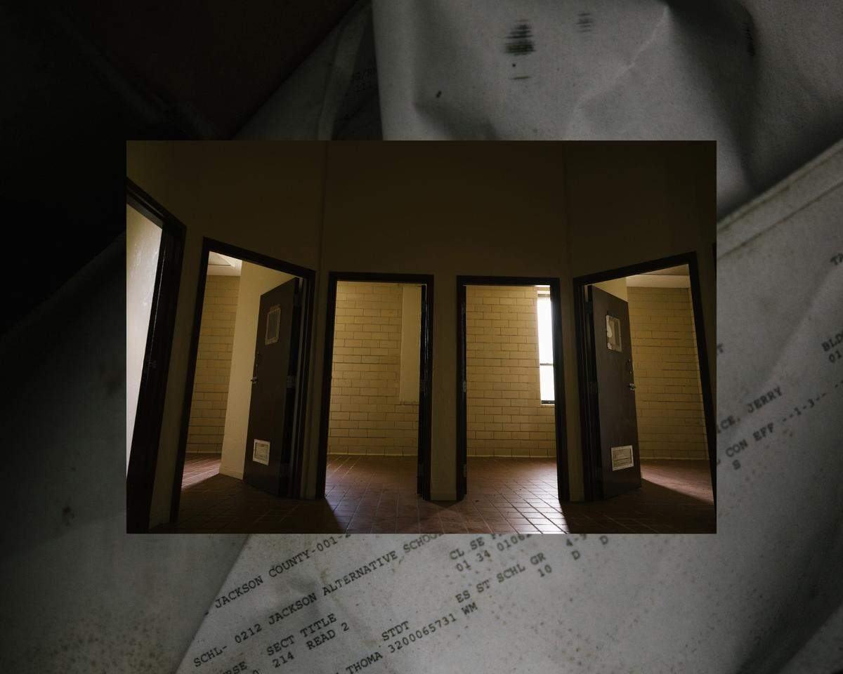 Solitary confinement rooms in Lincoln’s Cottage dormitory at the Dozier School for Boys in Marianna, Florida on June 29, 2024. / A student’s report card sits on the floor of Jackson County Alternative School, formerly known as Dozier School for Boys, on June 29, 2024..