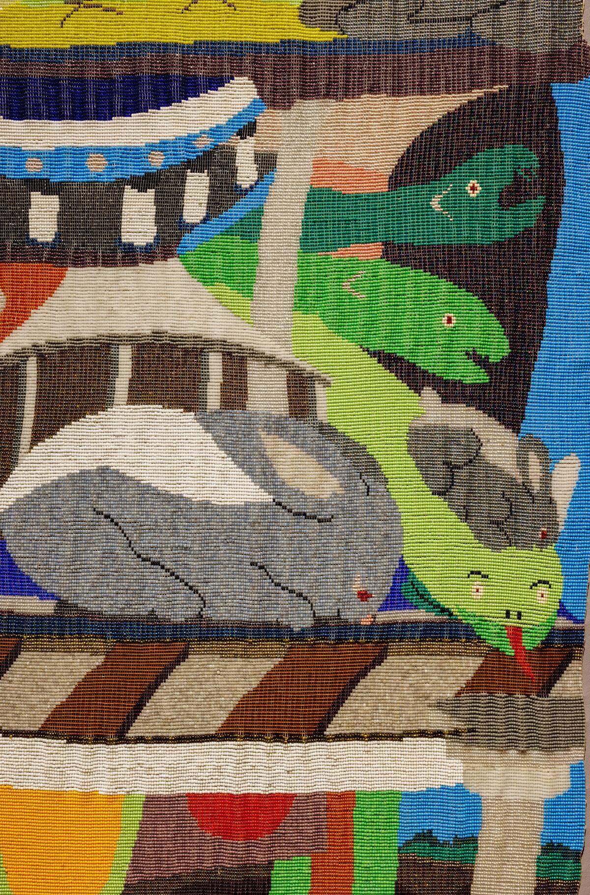 Detail of “Animalia Theater,” glass beads and thread on canvas, 68 X40″.