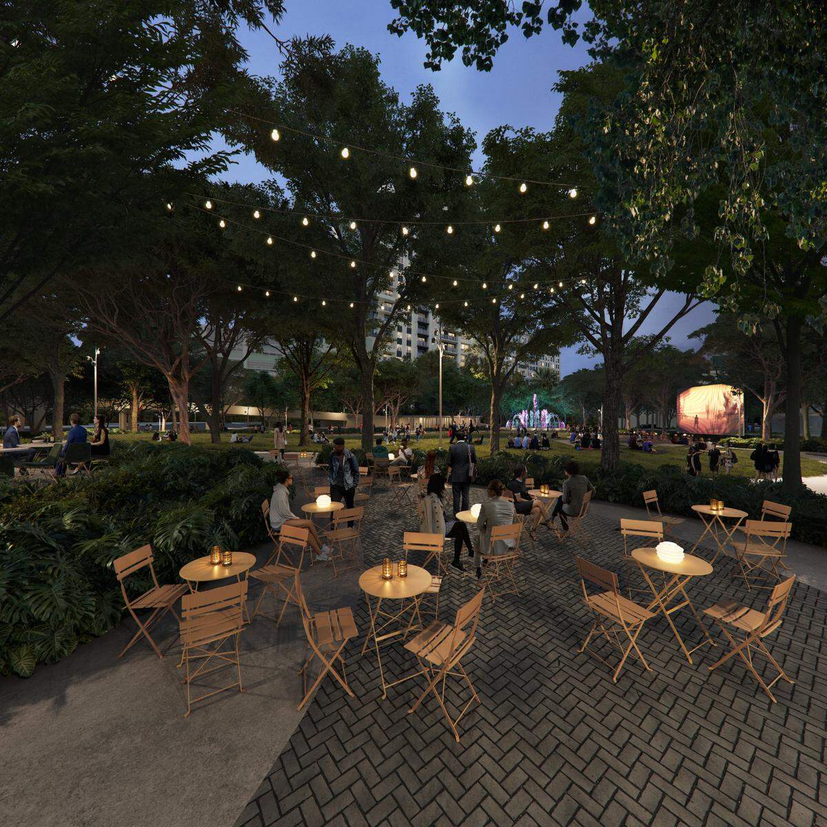 A rendering of new seating along the lawn terrace.