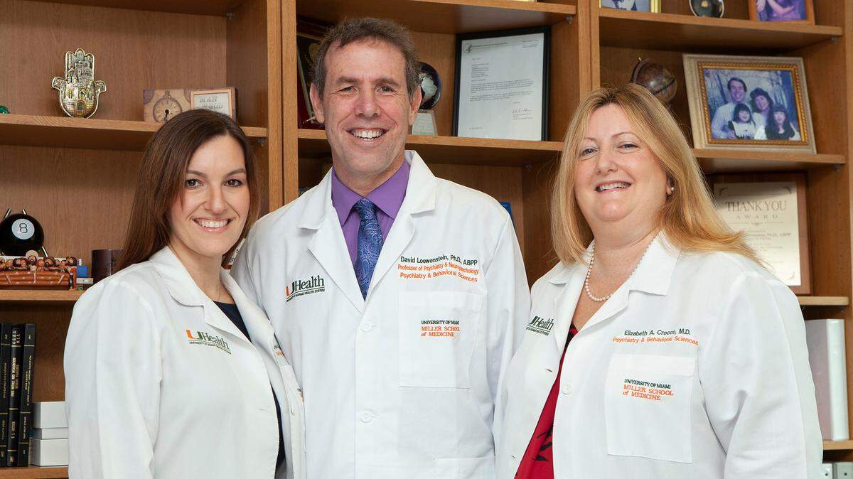 From left, Drs. Rosie Curiel, David Loewenstein and Elizabeth Crocco lead the Center for Cognitive Neuroscience and Aging at UHealth.