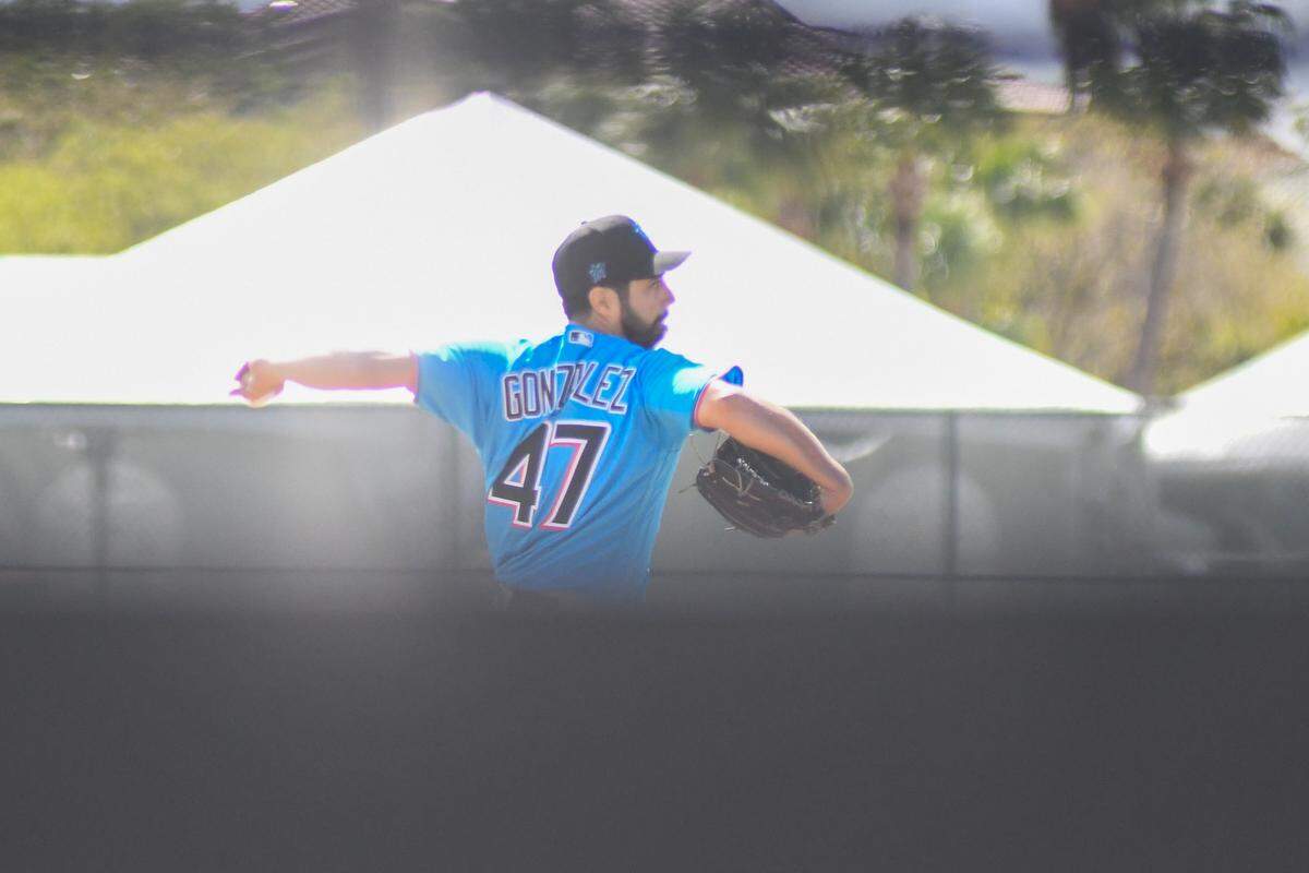 Miami Marlins pitcher Gio Gonzalez throws a live batting practice session on the back fields of the Roger Dean Chevrolet Stadium complex on Tuesday, March 9, 2021, in Jupiter, Florida.