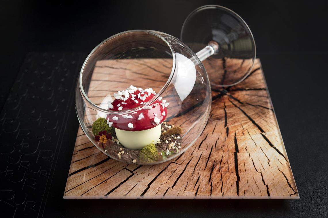 La Foret Noire — Black Forest chocolate crémeux, cherries and Kirsh Chantilly — is one of the dessert choices that’s part of the Evolution tasting menu at French restaurant L’Atelier de Joël Robuchon, which was just awarded two Michelin stars.