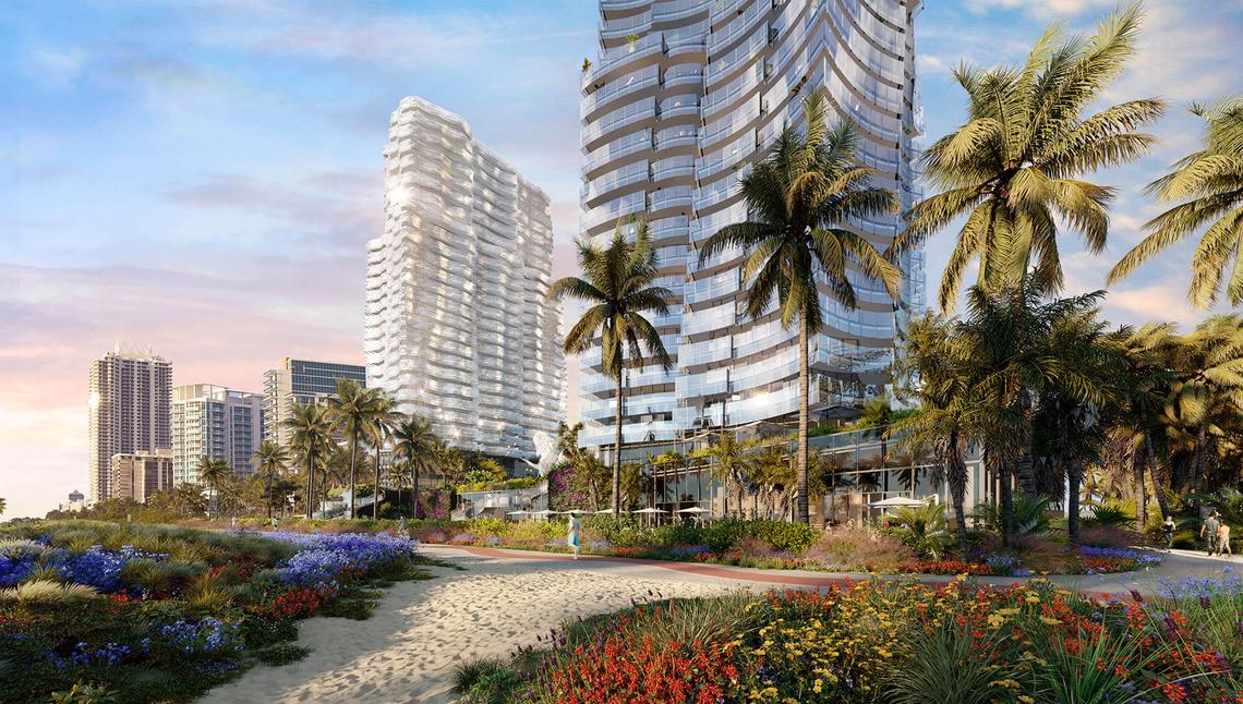 A rendering shows developers’ vision for a condo and hotel tower at the former Deauville Hotel site in Miami Beach. Voters will weigh in Nov. 8 on a floor-area ratio increase to make way for the project.