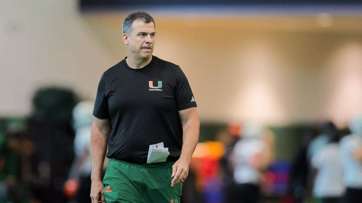 Miami Hurricanes head coach Mario Cristobal looks on during spring practice at the Carol Soffer Indoor Practice at the University of Miami in Coral Gables, Florida, Monday, March 3, 2025.