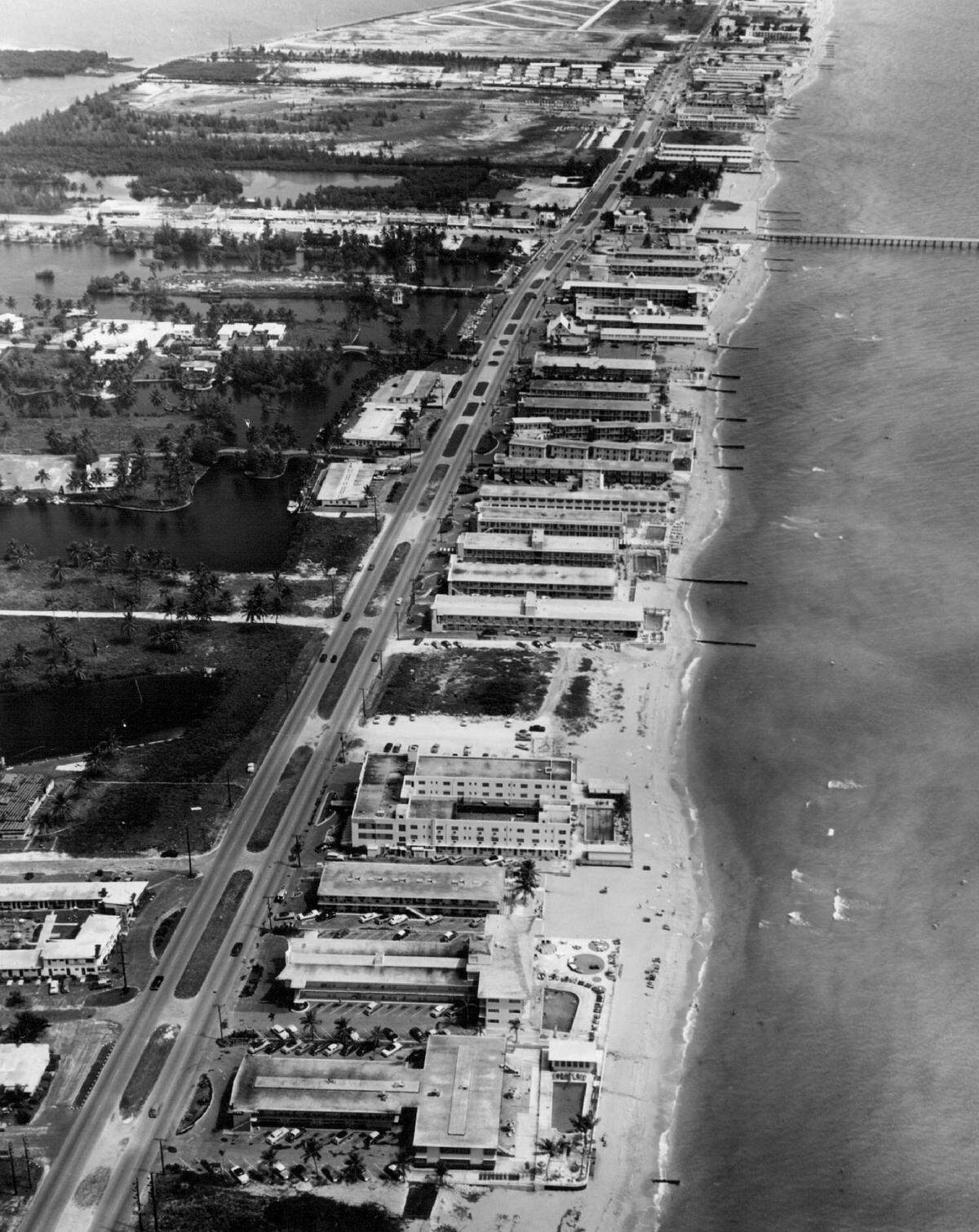An aerial view of Motel Row looking north from Haulover.