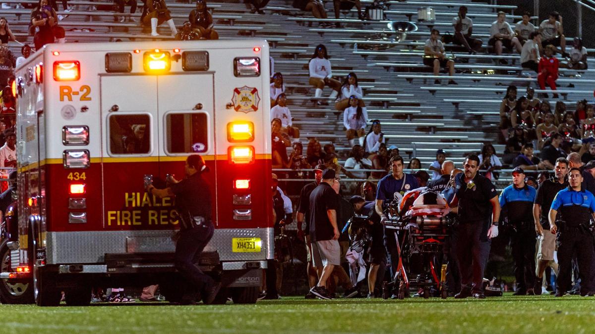 Medical staff move Goleman player Jamontay Parks (1) on a stretcher after he collapsed due to an injury during the fourth quarter of a high school football game against American at Milander Park in Homestead, Florida, on Friday, September 8, 2023.
