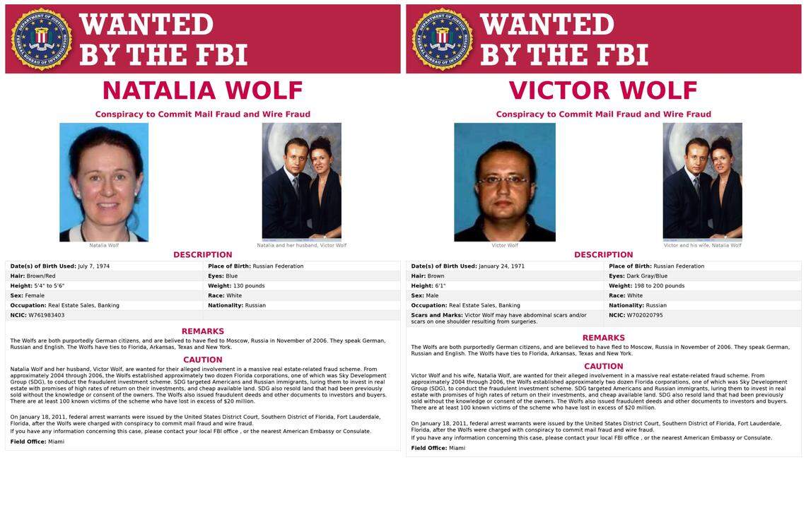 FBI wanted posters for Victor and Natalia Wolf