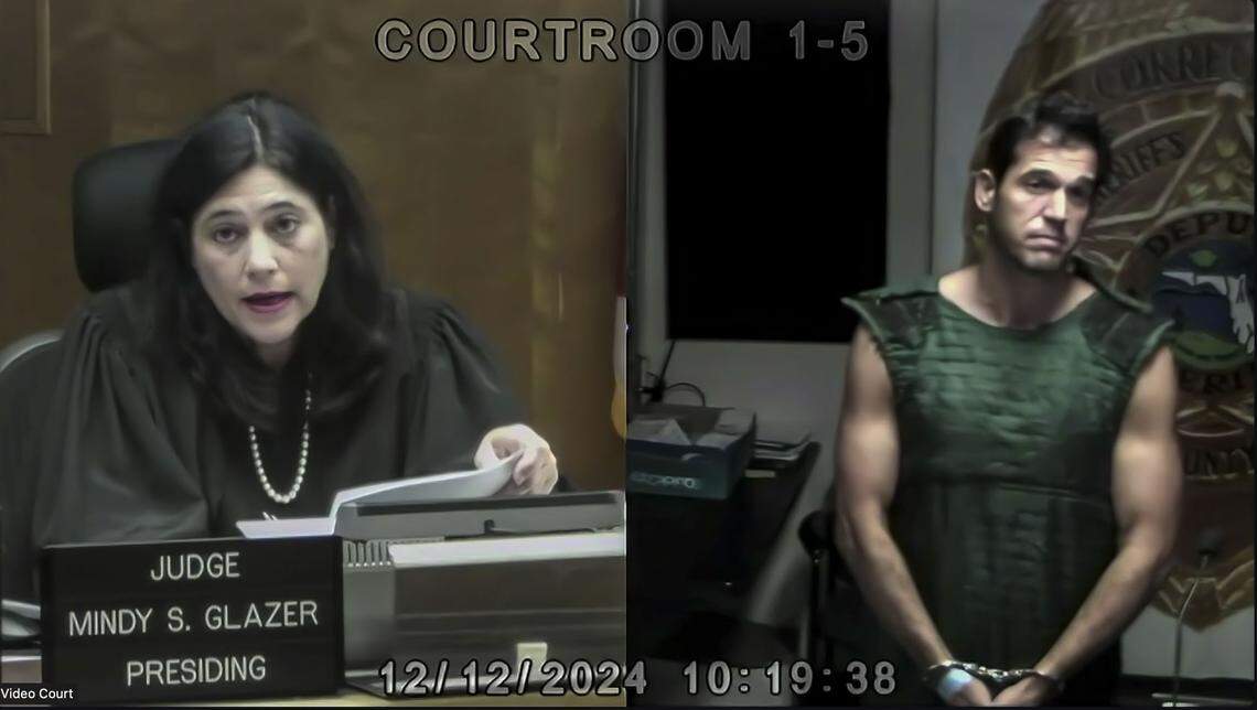 Miami, Florida, December 12, 2024 - Frame grab from video, Alon Alexander, right, during a hearing with Judge Mindy Glazer, left, in Miami-Dade Circuit Court. Glazer ordered him detained until a formal bond hearing on Friday. Alexander was arrested Wednesday morning at his Miami Beach home and charged with a slew of state and federal sex trafficking and rape crimes.