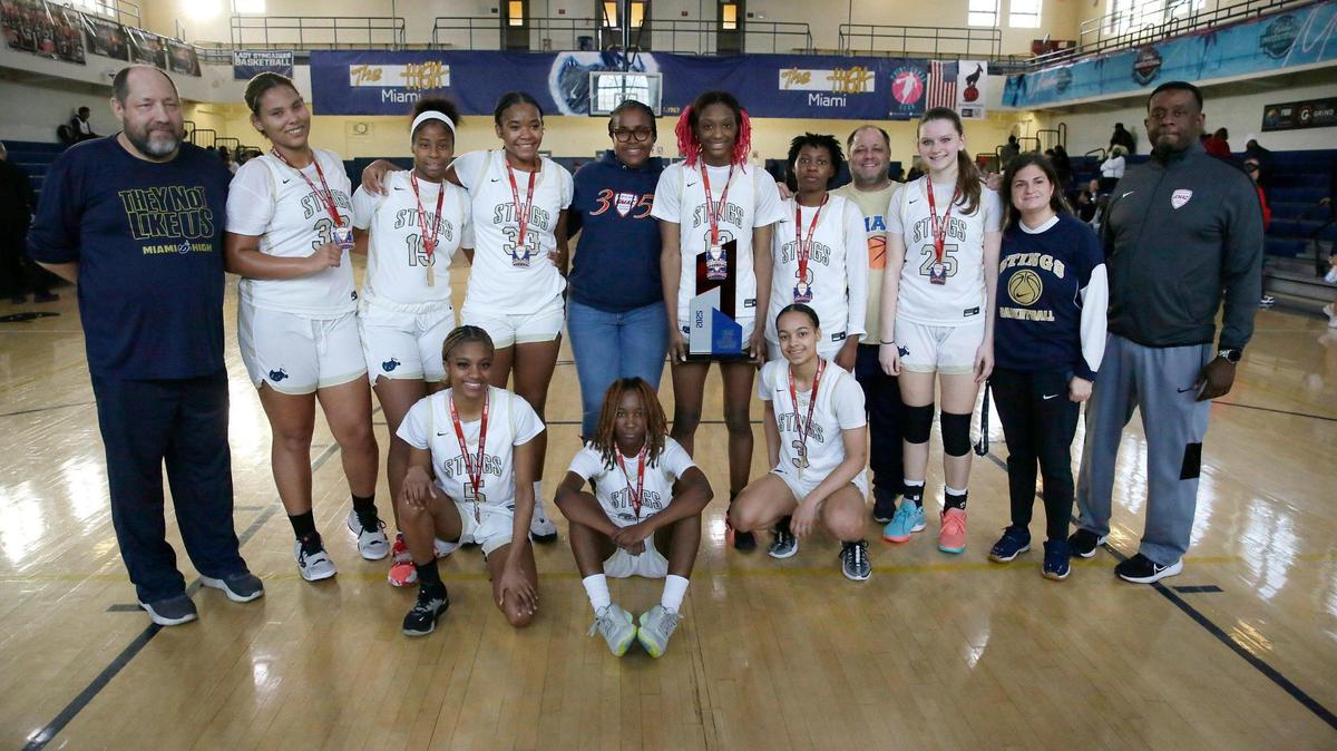 Miami High’s girls’ basketball team celebrates after beating Southridge for the GMAC girls’ basketball championship Saturday, January 25, 2025 at Miami Senior HS in Miami.