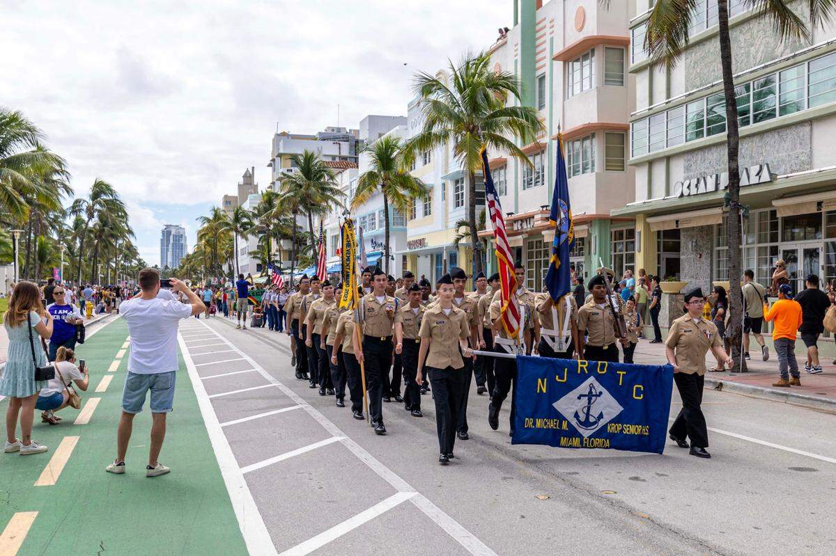 Dr. Michael M. Koop Senior High School NJROTC members march up Ocean Drive during the 16th Annual Veterans Day Parade on Monday, Nov. 11, 2024, in Miami Beach, Fla.