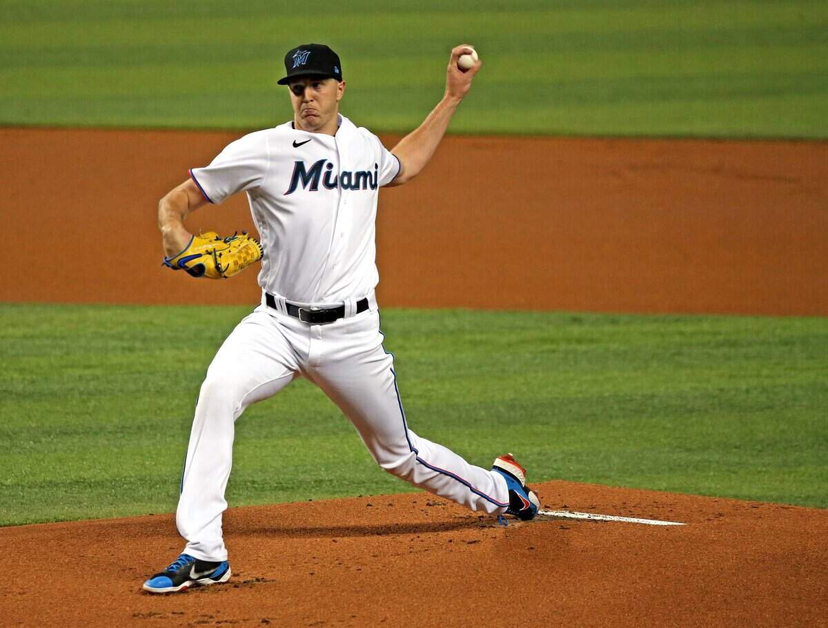 Miami Marlins pitcher Trevor Rogers (28) in the first inning as they play the Toronto Blue Jays at loandepot park in Miami, Florida, June 23, 2021.