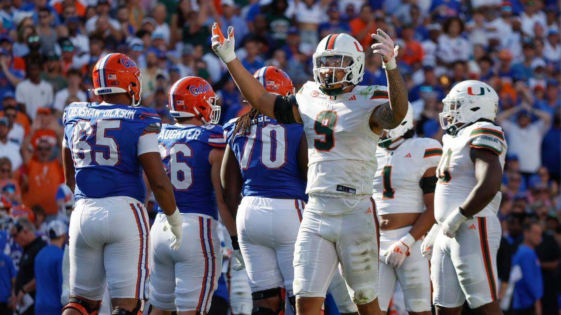 Miami Hurricanes defensive lineman Tyler Baron (9) reacts after the Canes stop the Florida Gators on a drive in the first half of an NCAA college football game at Ben Hill Griffin Stadium in Gainesville, Florida, on Saturday, August 31, 2024.
