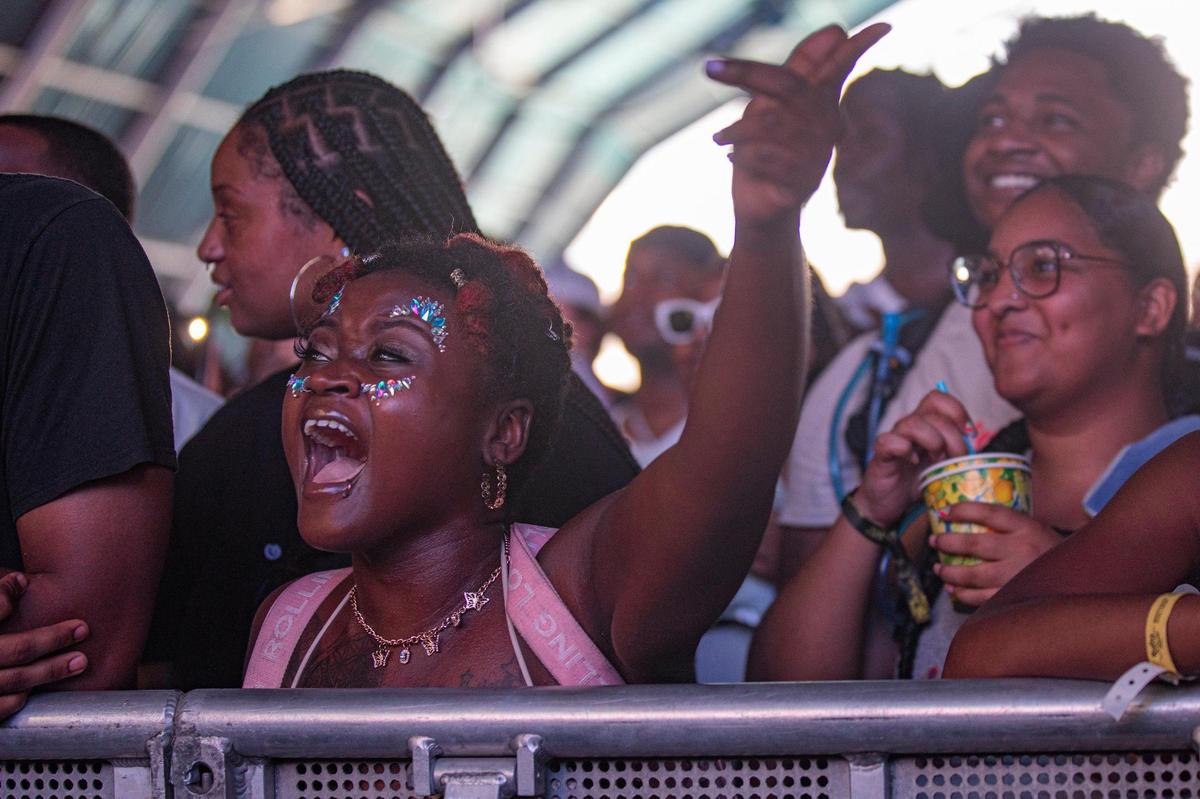 People in the crowd cheer as Sukihana performs at Rolling Loud at Hard Rock Stadium in Miami Gardens, Florida on Sunday, July 24, 2022.