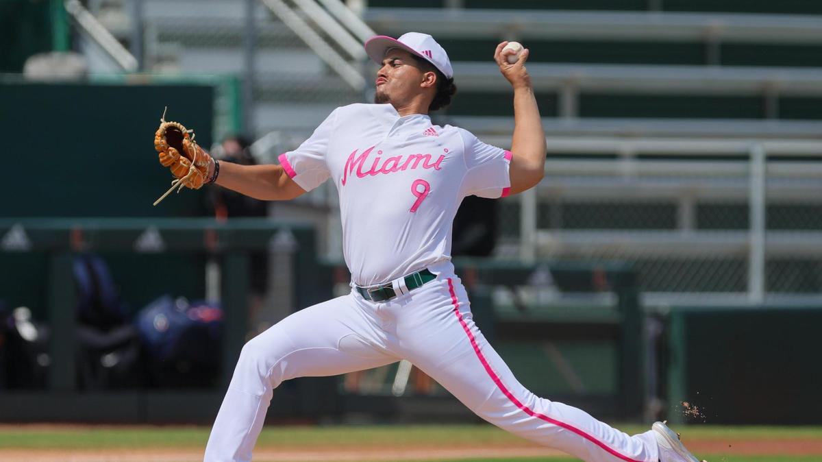 Miami Hurricanes pitcher Herick Hernandez (9) delivers a pitch against the Virginia Cavaliers during the first inning at Alex Rodriguez Park at Mark Light Field in Coral Gables, Florida, Sunday, March 10, 2024