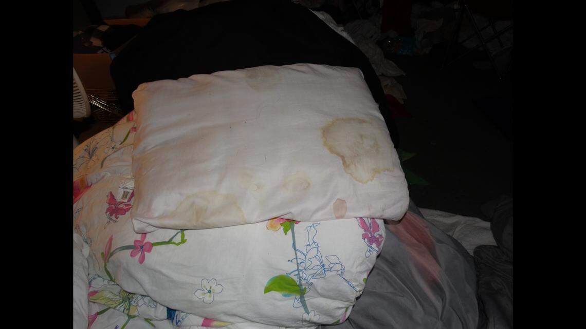 A soiled pillow from a Miami-Dade police bust at a recovery home.